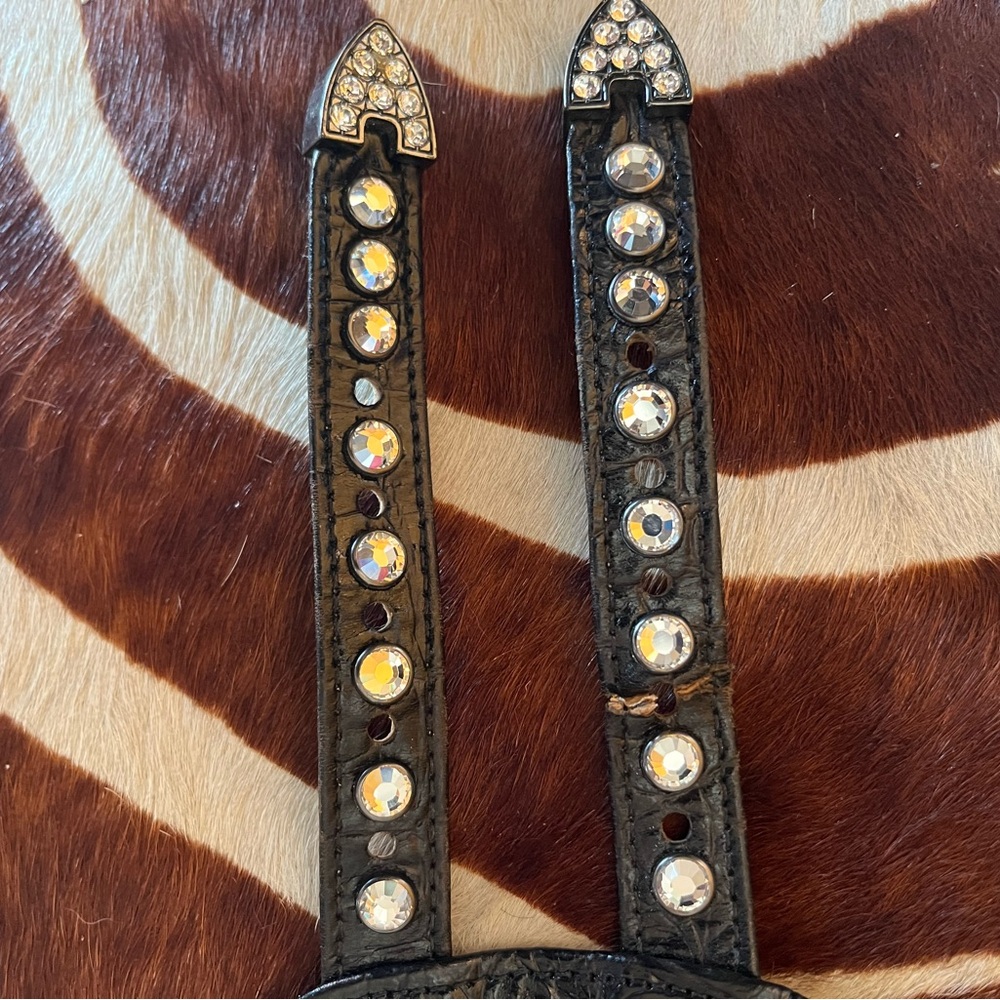Vintage wide B.B. Simon Black Swarovski harness waist cinch bucket belt - Picture 8 of 13